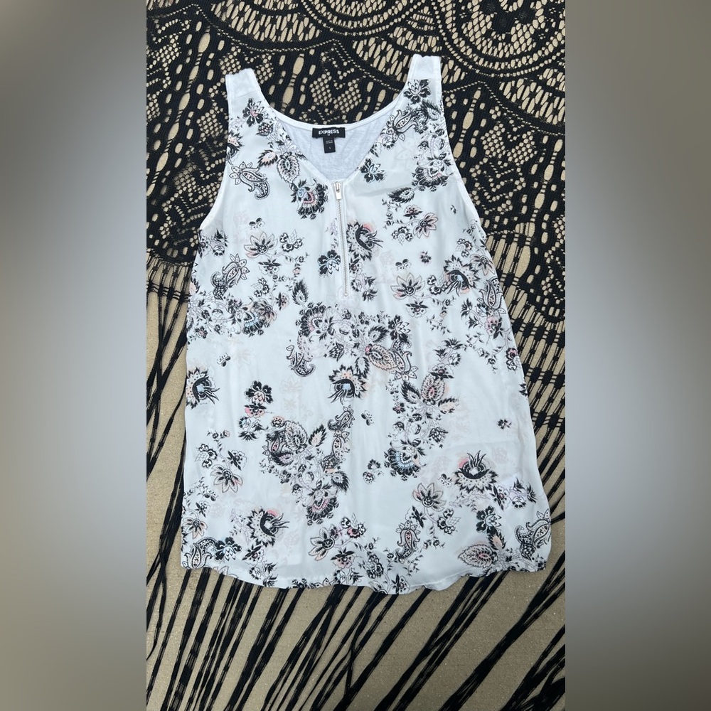 Express Paisley Floral V Neck Zip Front Sleeveless Blouse Top Semi Sheer Small - Picture 4 of 10